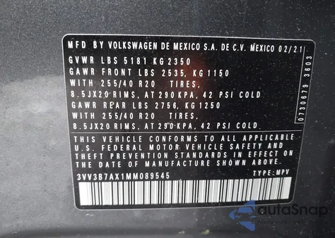 2021 Volkswagen Tiguan 2.0T Se/2.0T Se R-Line Black/2.0T Sel from USA, damaged, VIN 3VV3B7AX1MM089545